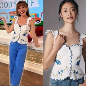 Anthropologie Maeve White & Blue Floral Scallop-Edge Top